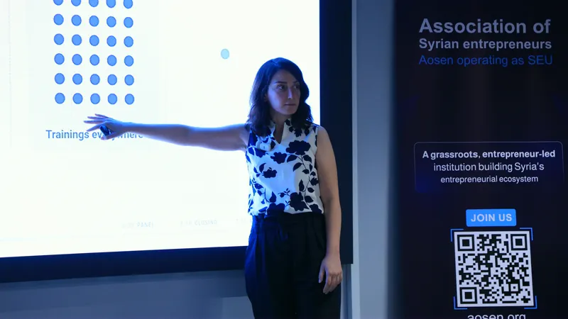 Sara Qataf, board member of the Association of Syrian Entrepreneurs, presents the questions founders face, at the EntreStations launch in Damascus